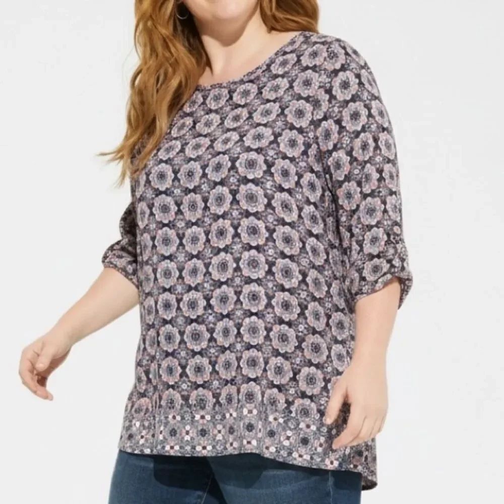 Max Edition XL Floral Shark Bite Hem Stretchy 3/4 Sleeve Top Pink Black